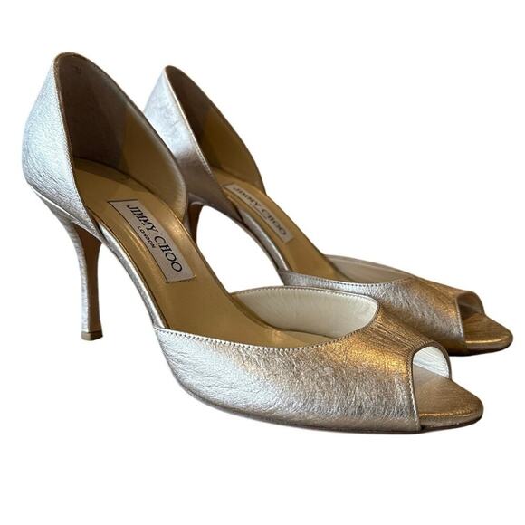 Authentic Jimmy Choo Shimmer Champagne Gold Leather Peep Toe Heel Size 39.5 - Picture 1 of 5